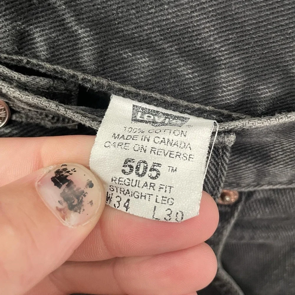 Levis 505 Jeans Mens 34x30 Gray Charcoal Wash Regular Straight Leg Denim Vintage